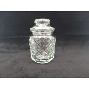 Vintage Clear Glass Canister With Lid 4 1/2" Tall  Criss-Cross Diamond Pattern